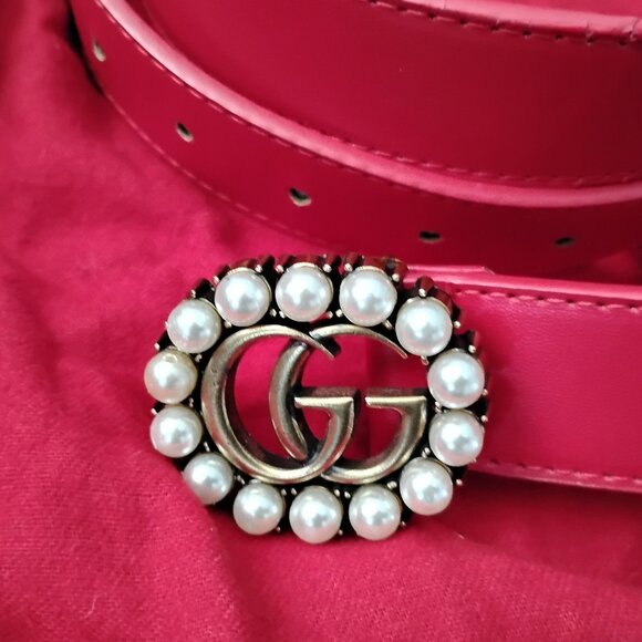 ❤️GUCCI GG Pearl Marmont Buckle and Red Leather Belt Sz 40 +Dustbag